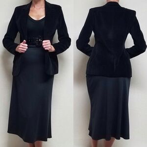 70s Vintage Black Velvet Blazer Jacket High Rise Flared Midi Skirt Two-Piece Set